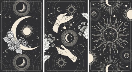 The face of the sun and moon, magic hands, planets and flowers. Tarot card, astrological illustration.