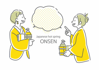 温泉旅行で浴衣姿でおしゃべりを楽しむふたりの若い女性　女子旅　シンプルでお洒落な線画イラスト