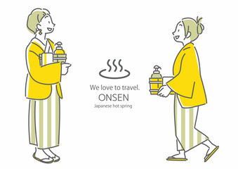 温泉旅行を楽しむふたりの若い女性　女子旅　シンプルでお洒落な線画イラスト
