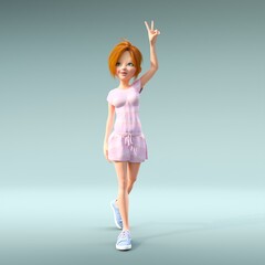 Conceptual 3D image of a girl in cartoon style. The girl goes and looks into the camera.