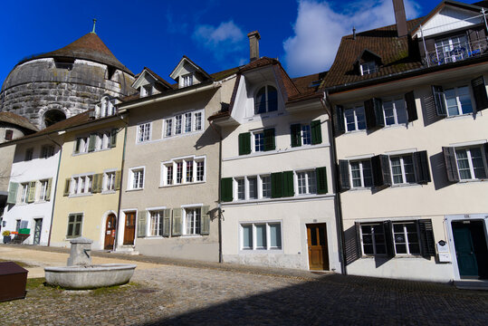 Beautiful historic houses at the old town of Solothurn on sunny winter day. Photo taken February 7th, 2022, Solothurn, Switzerland.