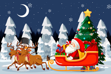 Santa Claus on sleigh with reindeer at night scene