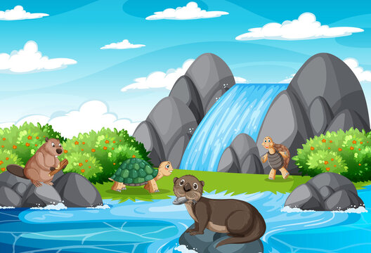 Waterfall in the forest with tortoises and an otter