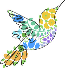 A linart bird filled with flowers. Little flowers. Beautiful birds flying. Spring vector illustration.