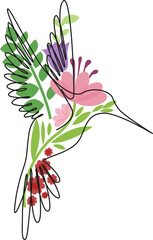 A line art bird filled with flowers. Beautiful birds flying. Spring vector illustration. 