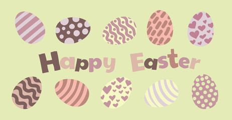 Happy easter. Greeting card in spring colors with easter eggs and happy easter lettering. Vector illustration