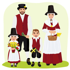 Family in traditional Welsh costume. St David's Day. Vector illustration.