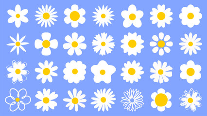 Cartoon daisy logo designs, chamomile flower icons. Flat spring floral elements. Blossom flowers with white petals. Doodle daisy vector set