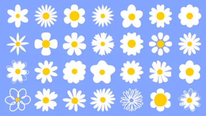 Foto op Plexiglas Cartoon daisy logo designs, chamomile flower icons. Flat spring floral elements. Blossom flowers with white petals. Doodle daisy vector set © Tartila
