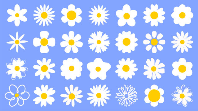 Cartoon daisy logo designs, chamomile flower icons. Flat spring floral elements. Blossom flowers with white petals. Doodle daisy vector set