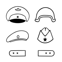 Military caps, helmet, beret, garrison cap. Vector Illustration for printing, backgrounds, covers, packaging, greeting cards, posters, stickers and seasonal design. Isolated on white background.