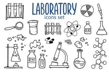 Laboratory or chemistry symbols icon set. Medicine biology science doodle design. Medical education and study concept. Hand drawn cartoon illustration. - 487739420