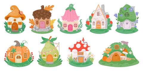 Cartoon little fantasy houses for fairies, elves, gnomes or dwarfs. Mushroom, pumpkin and flower cute fairytale homes in forest vector set © Tartila