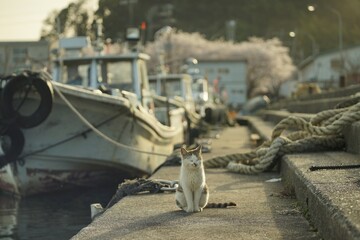 Fototapeta na wymiar Cat living in Okishima island with cherry blossom in full bloom 