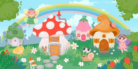 Magic forest village landscape with little houses and fairy. Flower and mushroom fantazy homes for gnomes. Fairytale panorama vector scene