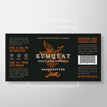 Handcrafted Fruit Jam Label Template. Abstract Vector Packaging Design Layout. Modern Typography Banner with Hand Drawn Kunquat Branch Silhouette Background Isolated