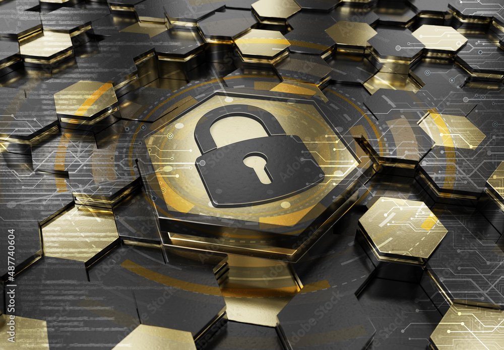 Leinwandbilder web security icon concept engraved on gold metal hexagonal pedestral background. padlock logo glowin