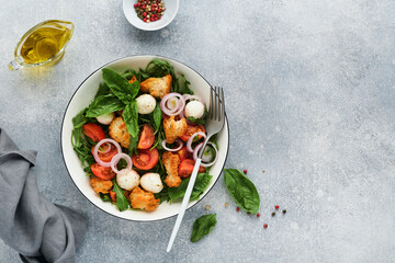 Panzanella, Italian Bread Salad. Traditional food of Italy with tomatoes, mozzarella balls, basil, onion and bread on light grey background. Traditional Italian cooking. Top view. Copy space.