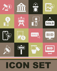 Set Online auction, Bid, Auction sold, jewelry sale, painting, Hand holding paddle, hammer price and icon. Vector