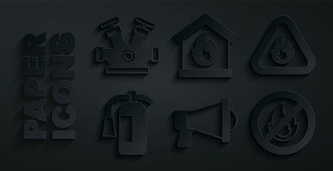 Set Megaphone, Fire flame in triangle, extinguisher, No fire, burning house and hydrant icon. Vector