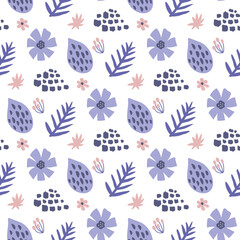 Very peri tropical jungle pattern with flowers. Tropical jungle leaves in very peri color. Summer floral seamless background. Hand drawn botanical nature. Purple graphic illustration.