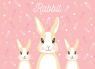 Design bunny surrounded by carrot on pink background for spring season. Cute style vector. Vector illustration