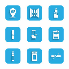 Set Bong, Matchbox and matches, No smoking, Cigarettes pack, Electronic cigarette, Vape liquid bottle and Tobacco leaf icon. Vector