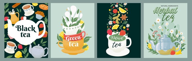 Black, green and herbal tea package label design. Tea drink concept with leaves, cups, sweets and teapots. Decorative cafe poster vector set - obrazy, fototapety, plakaty