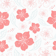 Floral seamless pattern. Flower background. Cute floral texture. Flower line art drawing. Outline vector Illustration. Suit for wallpaper, card, wrapping paper, printing