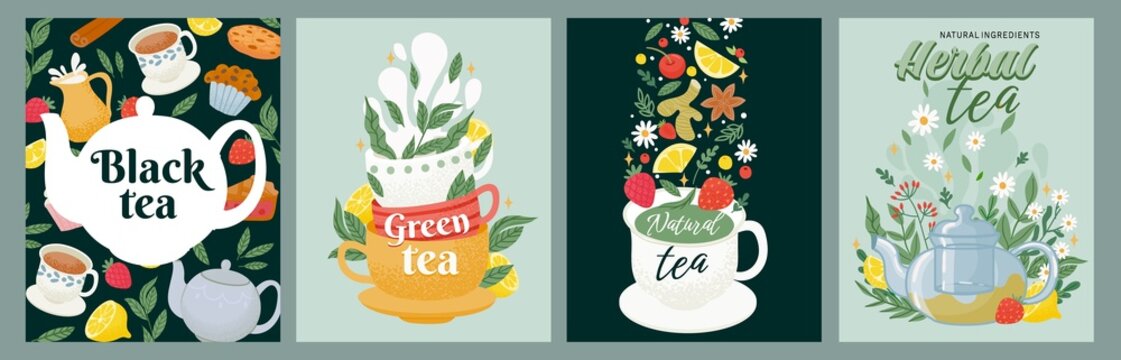 Black, green and herbal tea package label design. Tea drink concept with leaves, cups, sweets and teapots. Decorative cafe poster vector set
