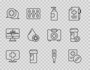 Set line Map pointer with cross hospital, Medical prescription, Hand sanitizer bottle, Medicine, Dialogue the doctor, Blood test virus, digital thermometer and icon. Vector