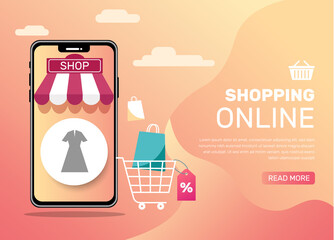 Shopping online on website or mobile application marketing concept and digital marketing. Online shopping graphic design elements. Vector illustration