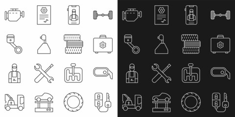 Set line Car key with remote, rearview mirror, Toolbox, Online car services, Gear shifter, Engine piston, Check engine and tire wheel icon. Vector