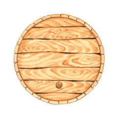 Watercolor medieval wooden barrel for a drink. Vintage box for beer or wine. Liquid storage container. Hand drawn illustration isolated on white background.