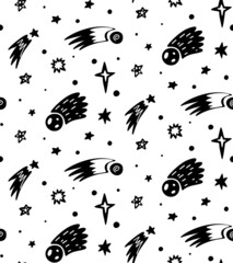 Vector monochrome seamless childish cosmos pattern with stars, comet and asteroid on white background. Texture of the universe. Wallpaper with black hand drawn space objects
