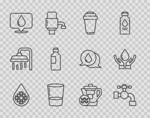 Set line Defrosting, Water tap, filter cartridge, Glass with water, drop location, Bottle of, jug and Washing hands soap icon. Vector