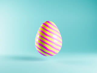Colourful Easter egg with lines pattern. CGI spring festive, blue, yellow and pink pastel colors