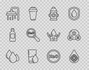 Set line Water drop, Defrosting, Fire hydrant, Glass with water, Shower head, Chemical formula for H2O, and icon. Vector