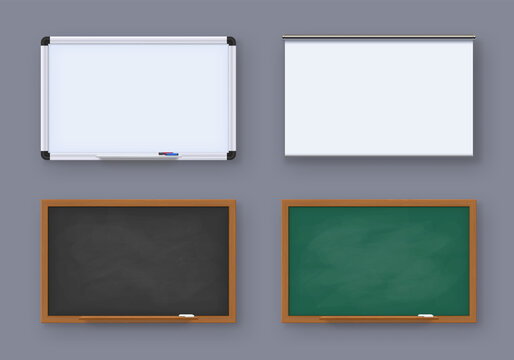 Realistic Green Blackboard, White Marker Board And Projector Screen. School Old Chalkboard. Boards For Education Or Presentation Vector Set