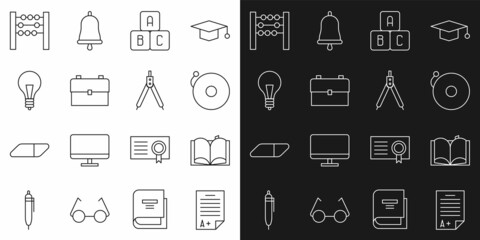 Set line Exam sheet with A plus grade, Open book, Ringing alarm bell, ABC blocks, School backpack, Light bulb concept of idea, Abacus and Drawing compass icon. Vector