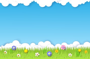 Spring field, vector paper cut illustration. Green grass, spring flowers, blue sky with white clouds. Nature landscape.