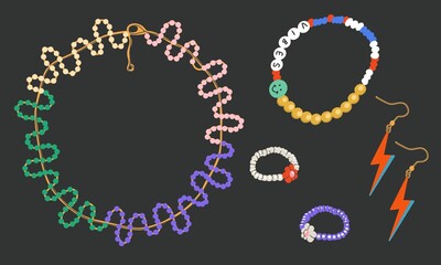 Jewelry vector ornaments, bracelet, necklace, beautiful earrings and rings, women's jewelry illustration set, isolated on background.