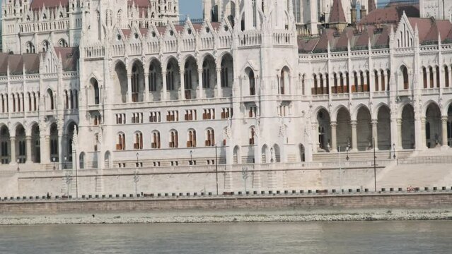 Panoramic view of Parliament Building in Budapest near the Danube river. Embankment and ancient historical buildings. City Landscape. tourist attraction famous city.