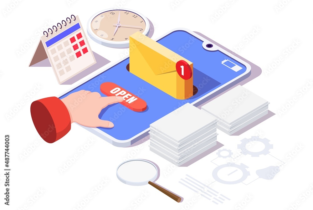 Poster smartphone with email envelope, open button on screen, vector isometric illustration. email or messa