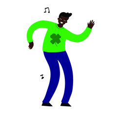 A black man in a green clover sweater dances