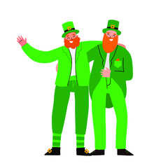 Fototapeta na wymiar Two joyful men with red beards celebrate St. Patrick's Day. Friends standing in green traditional costumes and hats