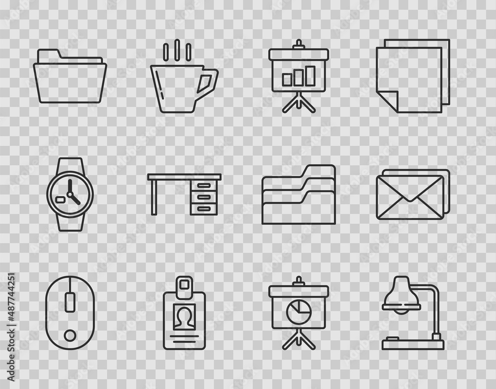 Poster set line computer mouse, table lamp, chalkboard with diagram, identification badge, document folder,