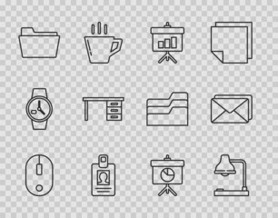 Set line Computer mouse, Table lamp, Chalkboard with diagram, Identification badge, Document folder, Office desk, and Envelope icon. Vector