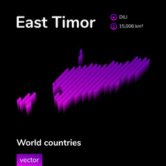 3d map of East Timor. Stylized striped vector isometric map is in neon violet and pink colors on black background