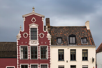 Old buildings in Langerei street in  Bruges, the historic city In Flemish region of Belgium